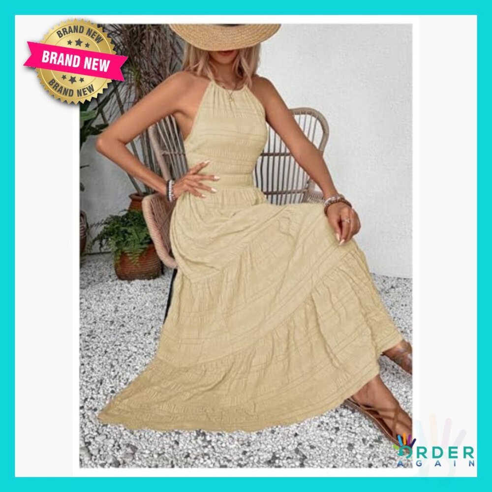 Halter Backless A-Line Maxi Dress Ruffle Hem Flowy Summer Boho Chic - Picture 5 of 6